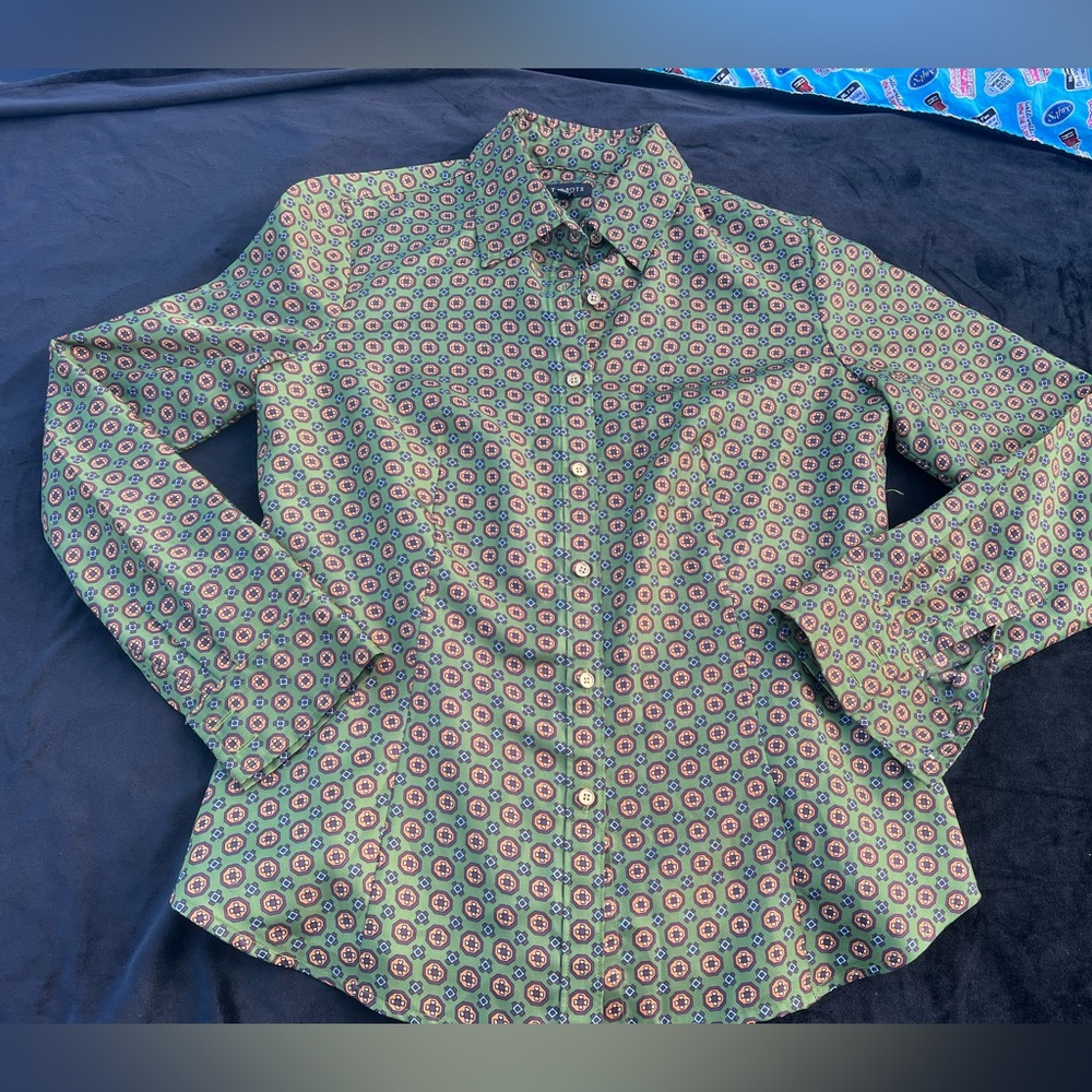 Talbots Avocado Green Button Down With Retro Patt… - image 1
